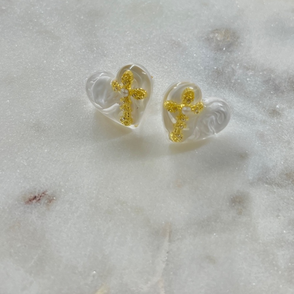 Heart Shaped White and Gold Cross Earrings - Picture 8 of 9